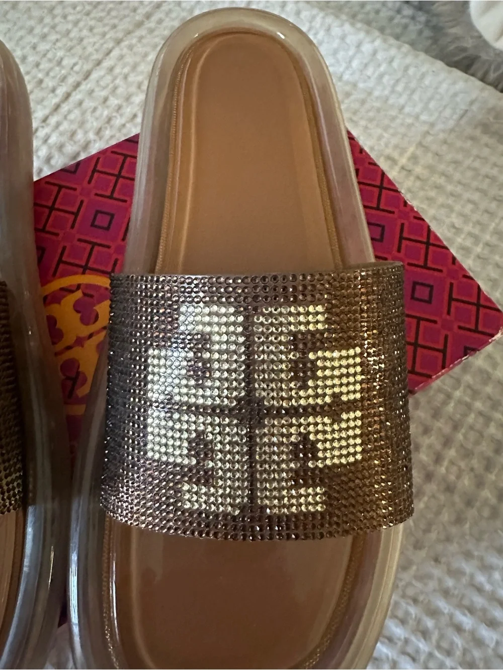 RARE Tory Burch Brown Metallic Logo Slide Sandals